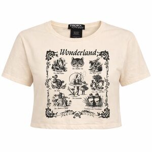 Thorn & Fable Alice In Wonderland Graphic Crop Embroidered Cream Women Shirt L